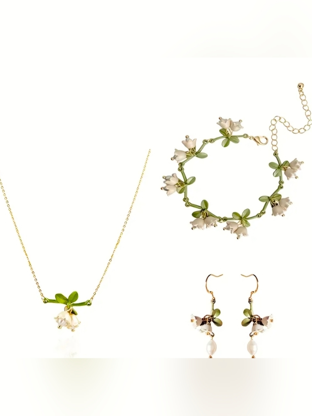 Floral White & Green Enamel Jewelry Set - Necklace, Bracelet, Earrings